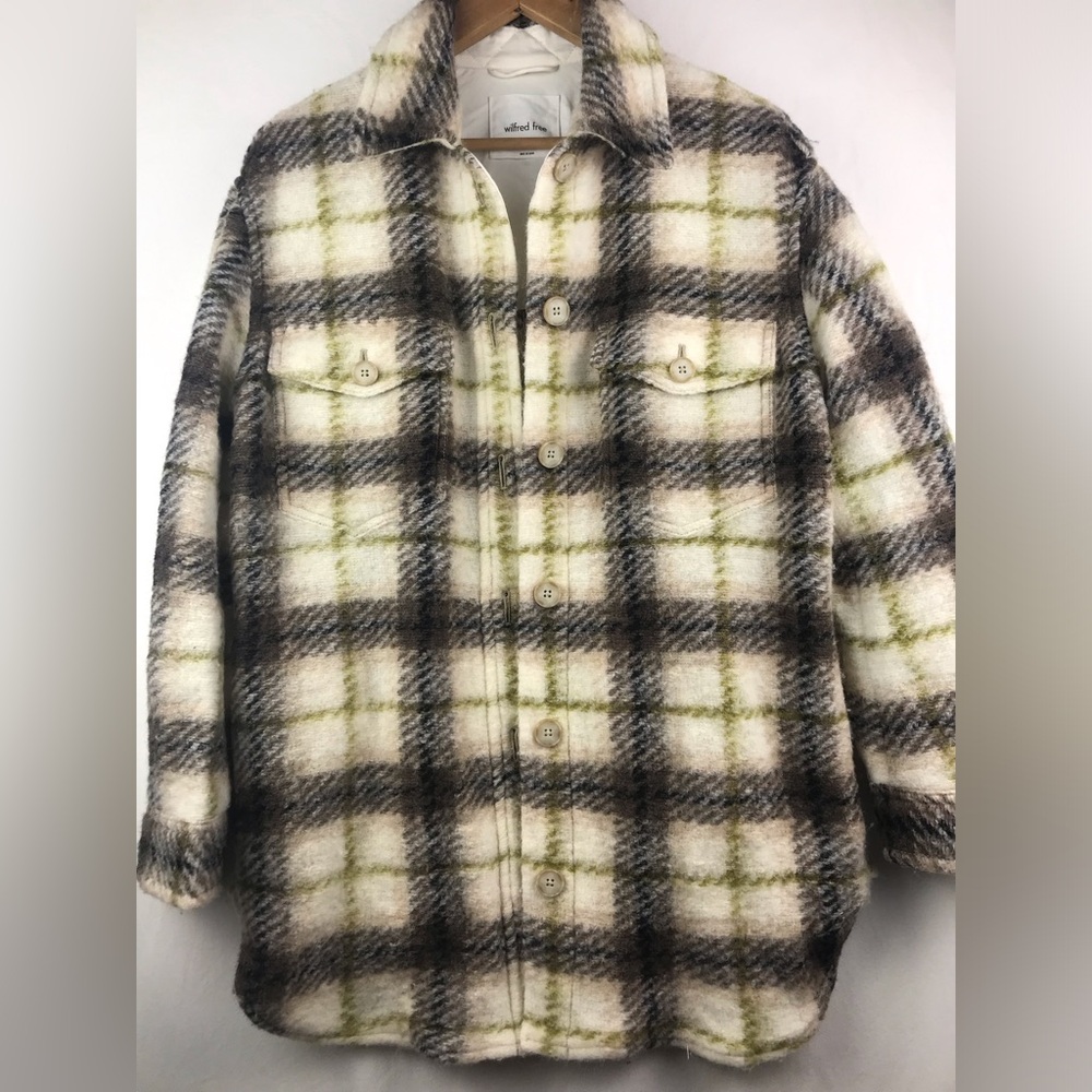 Aritzia Wilfred Free Ganna Sweater Jacket Shacket, Green Plaid, Wool Blend